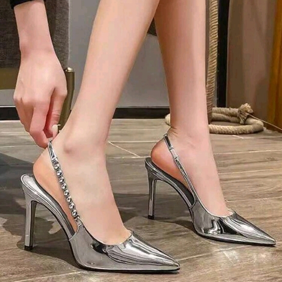 Sexy Pointed Toe High Heels With Rhinestone-Studded Silver One-Strap Sandals - Picture 1 of 6